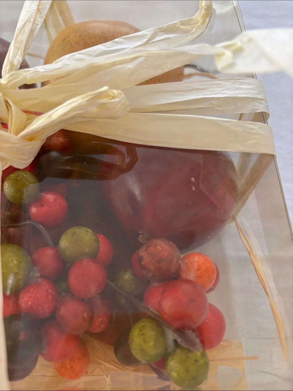 Decorative Faux Fruit Gift Box - Cream Ribbon, Multicolor Fruit